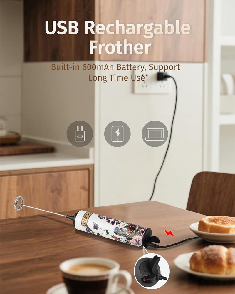 INFOOD Milk Frother Rechargeable with Cover - Coffee Frother Wand, Drink Mixer Handheld with 2 Detachable Stainless Whisks 2 Speed Adjustable for Latte, Cappuccino, Hot Chocolate, Egg, White Floral - Image 2